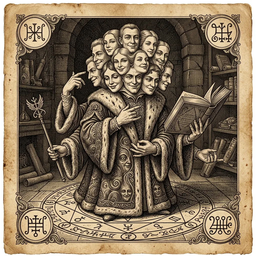 Dantalion, 71st spirit of the Ars Goetia — Duke of Hell who appears with many faces, holding a book. BibleTimes AI-generated engraving.