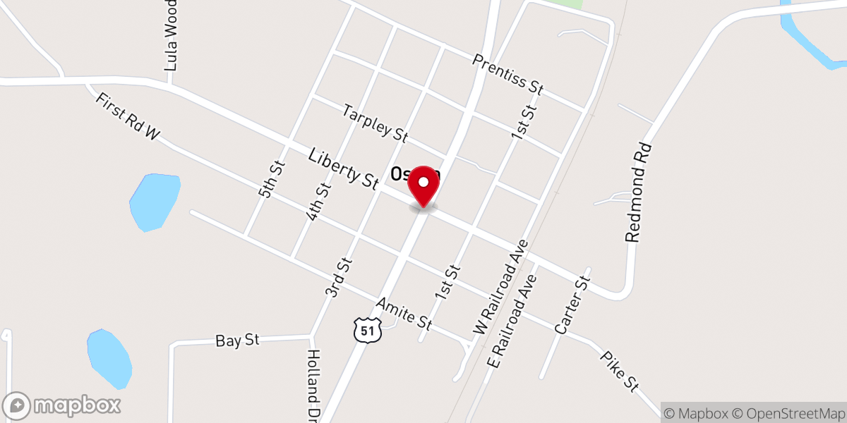 Map showing location of Osyka Presbyterian Church
