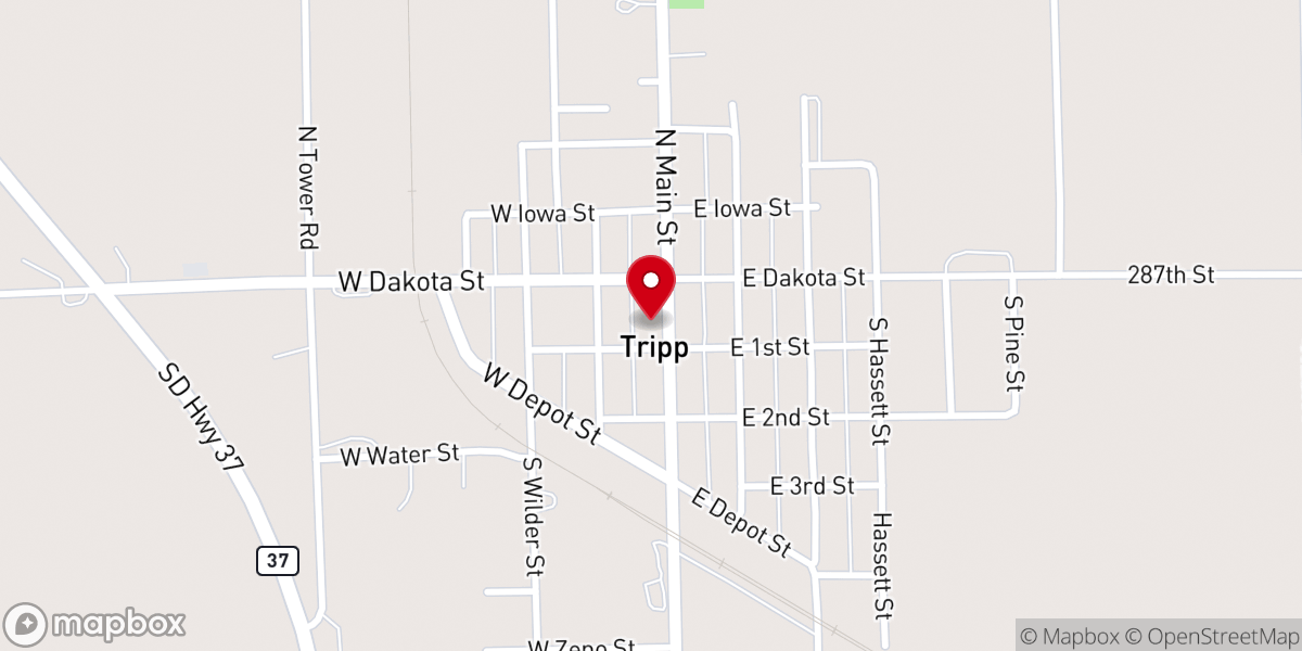 Map showing location of Tripp City Hall