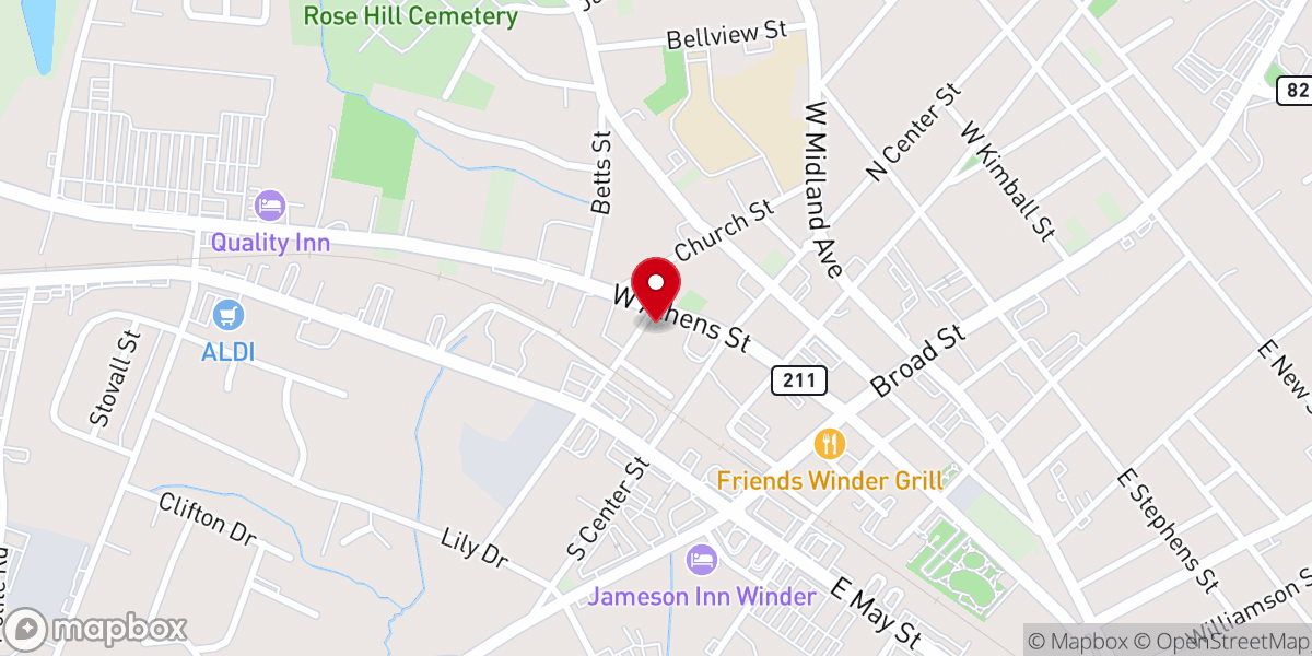 Map showing location of Winder's Oldest Church Building