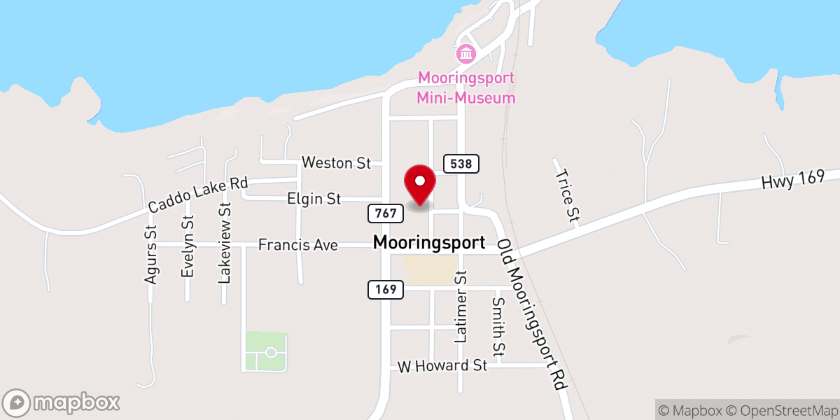 Map showing location of Mooringsport Baptist Church