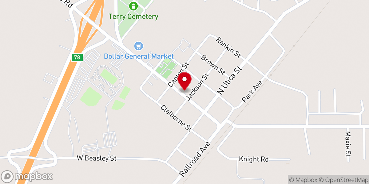 Map showing location of Terry Methodist Church