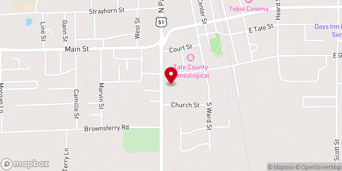 Map showing location of Senatobia Church of Christ