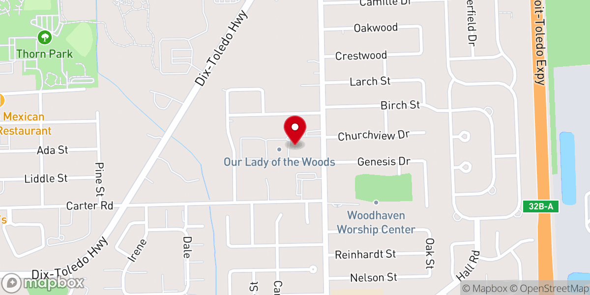 Map showing location of Our Lady of the Woods