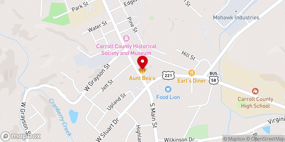 Map showing location of Aunt Bea's Barbecue