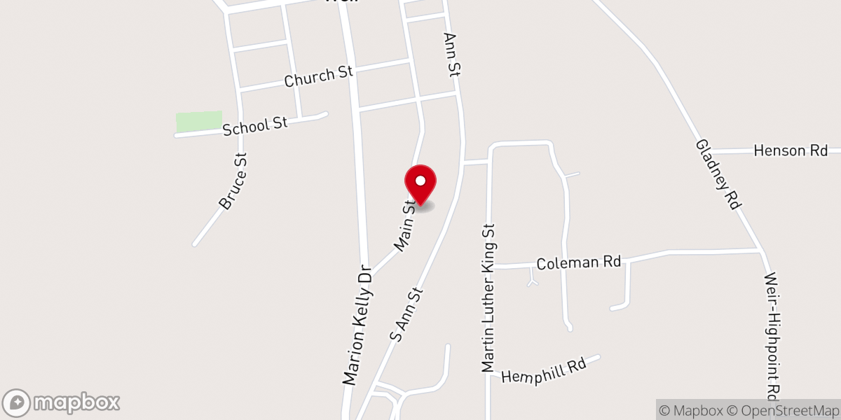 Map showing location of Weir Baptist Church