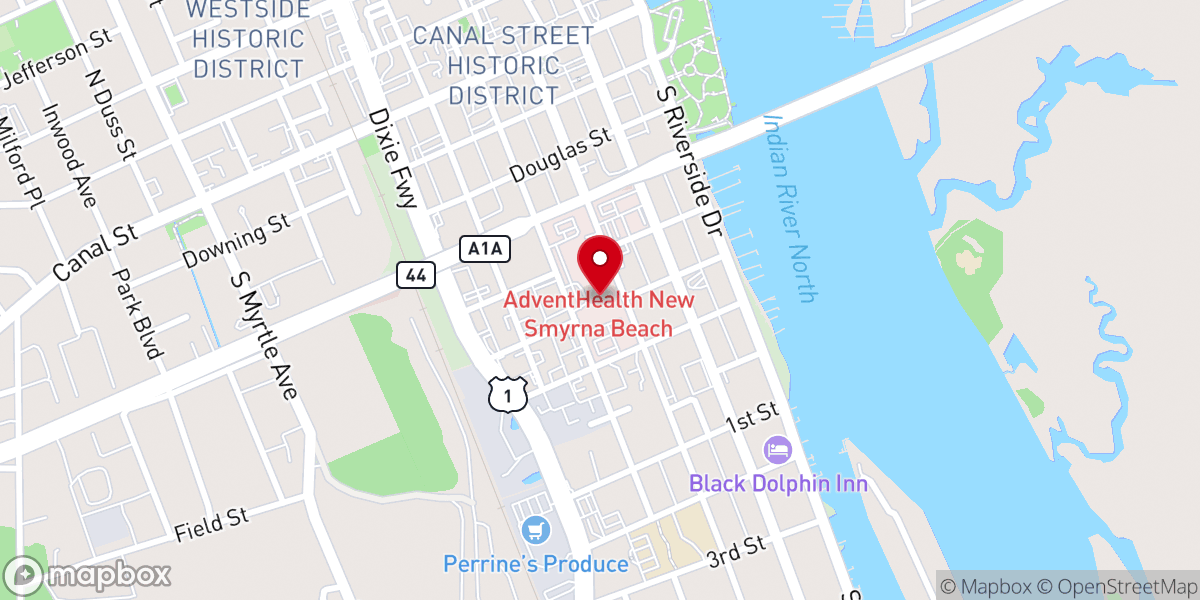 Map showing location of AdventHealth New Smyrna Beach