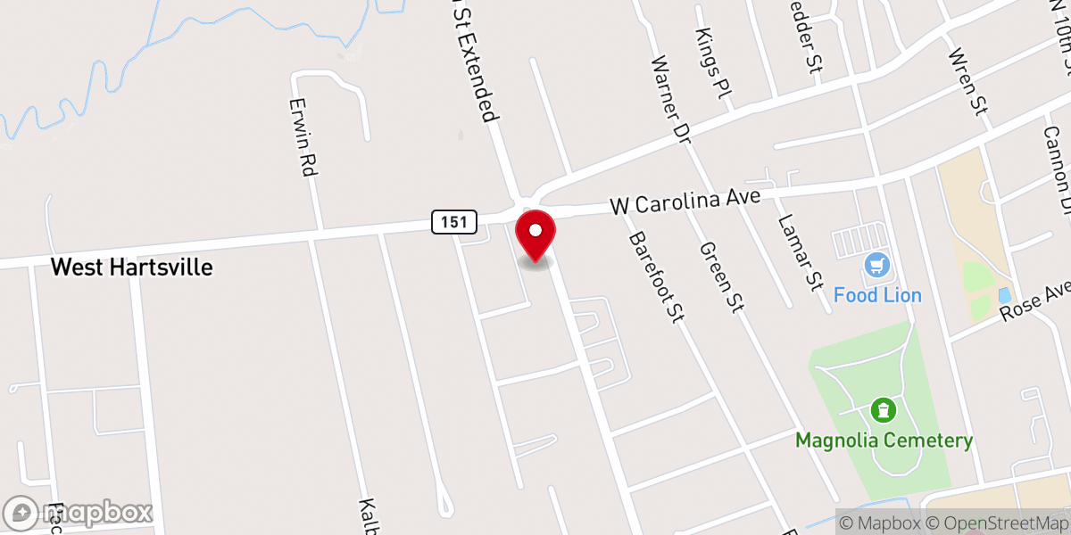 Map showing location of West Hartsville Baptist Church
