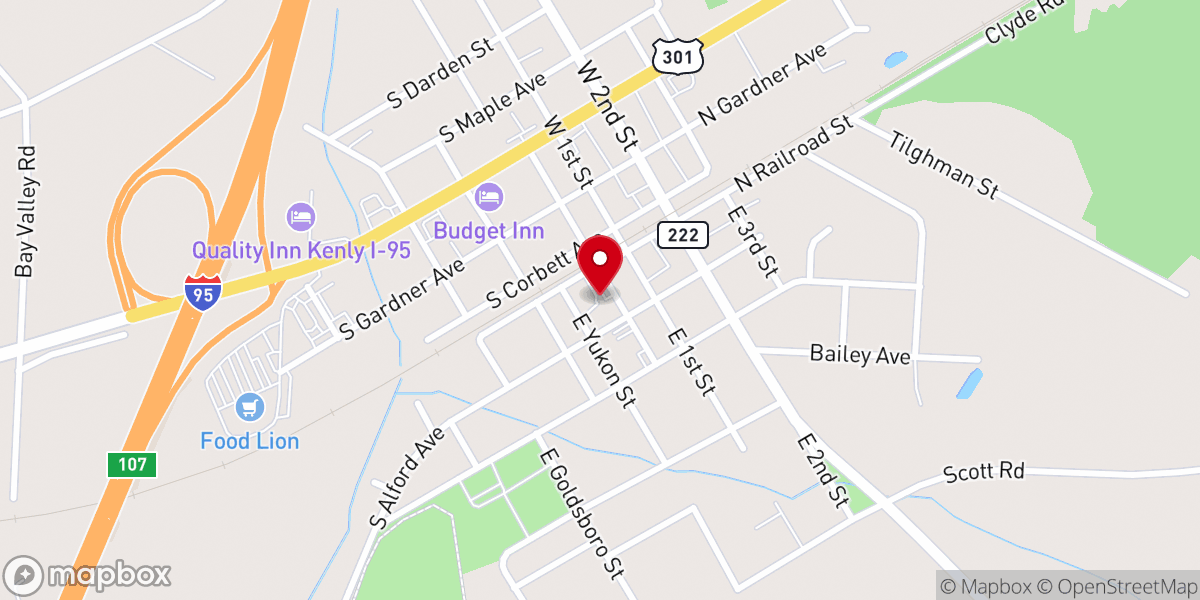 Map showing location of Kenly Free Will Baptist Church