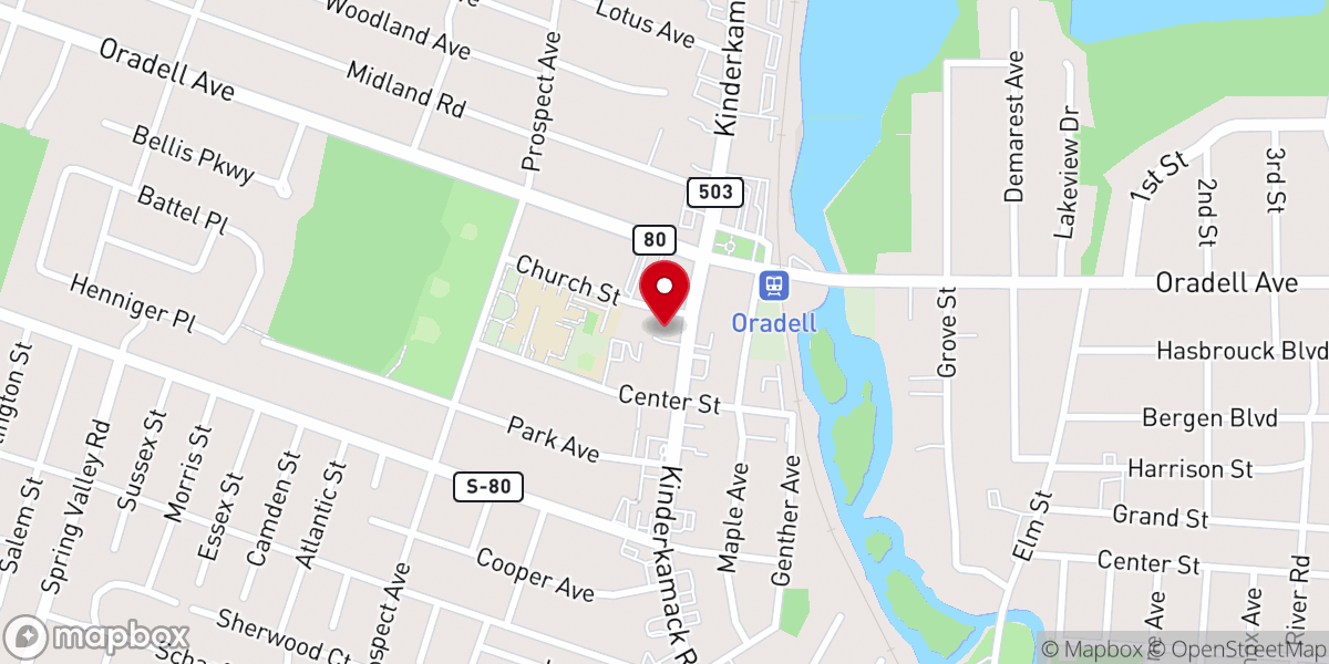 Map showing location of Reformed Church of Oradell