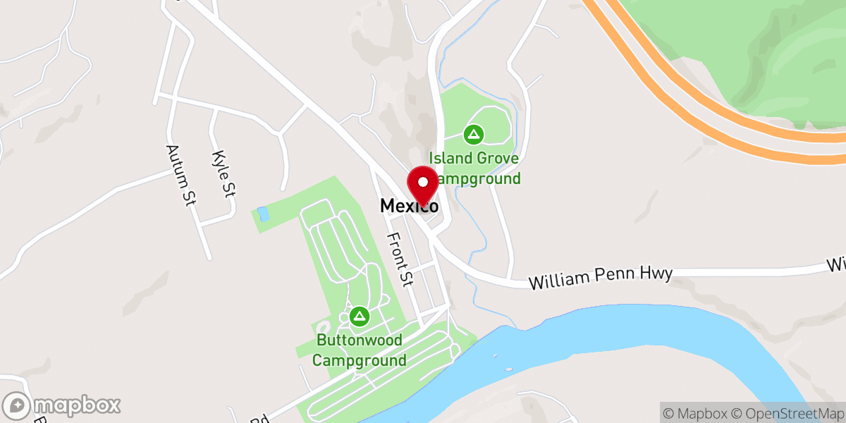 Map showing location of Mexico Presbyterian Church, PA: Outreach