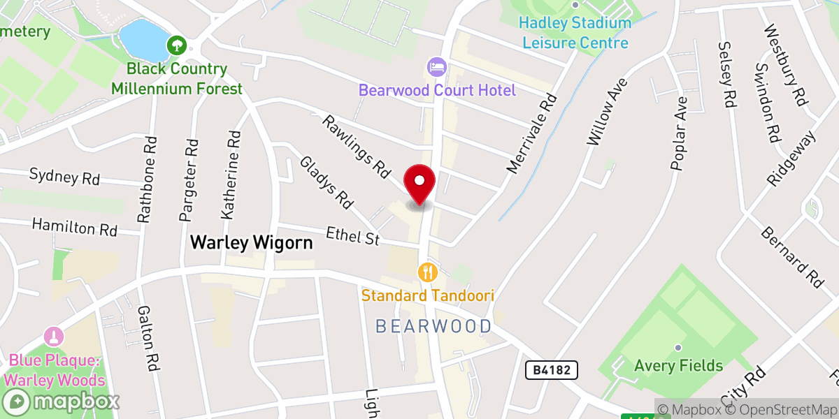 Map showing location of Bearwood Baptist Church