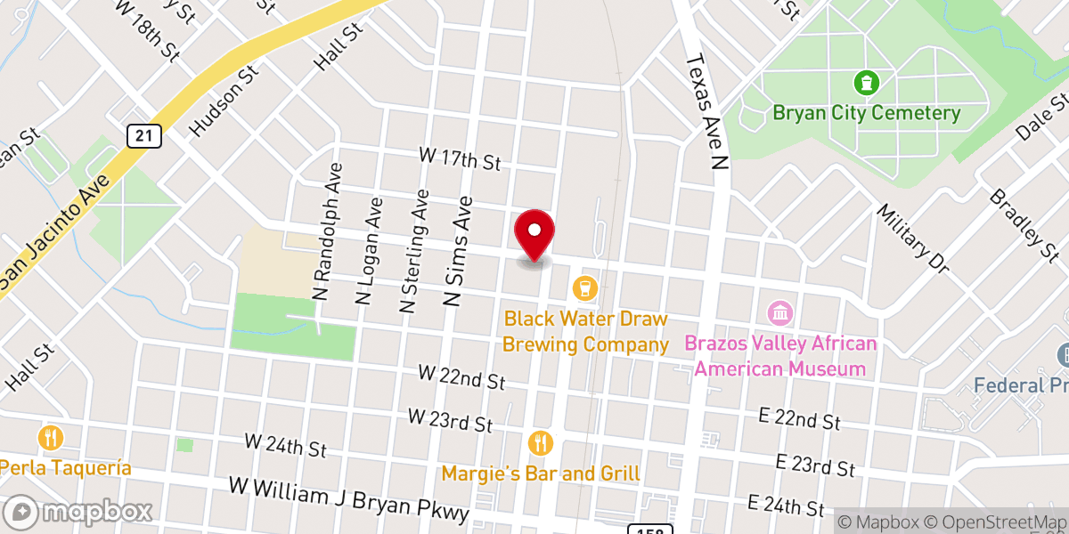 Map showing location of Iglesia Apostolica de la fe en Cristo Jesús Bryan, Tx