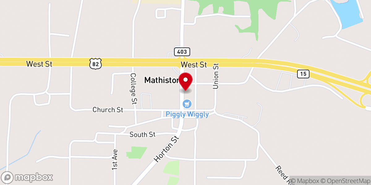Map showing location of Mathiston United Methodist Church