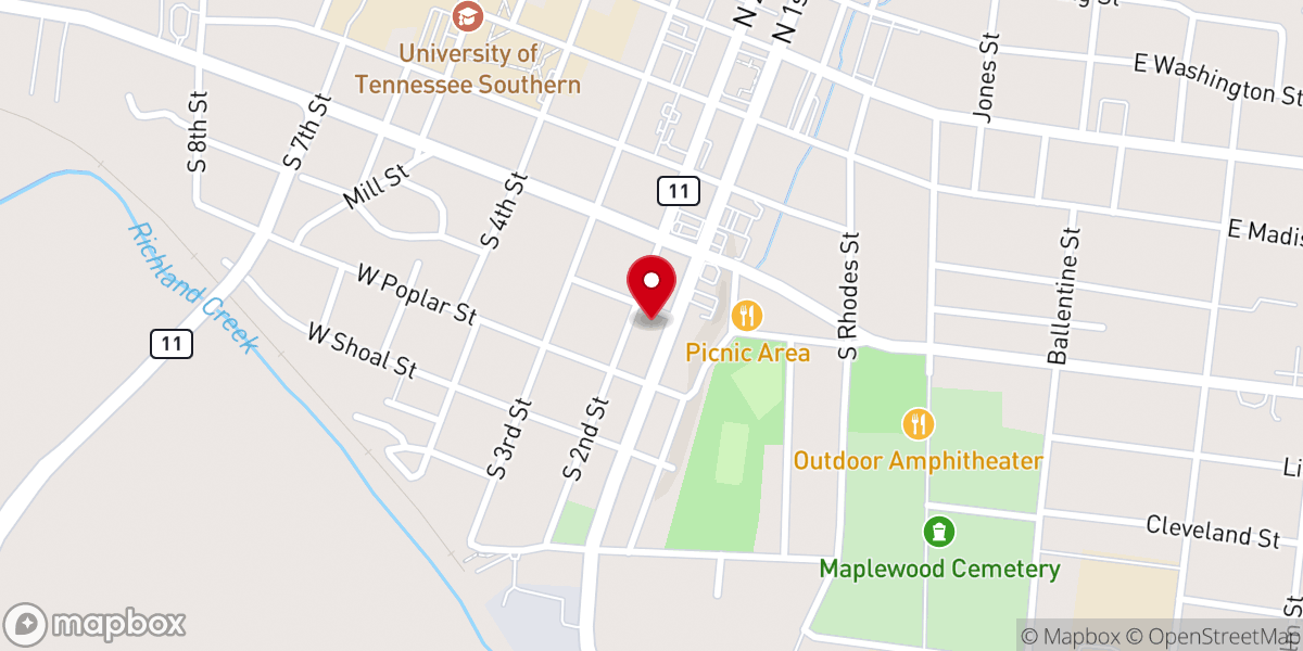 Map showing location of First Baptist Church of Pulaski