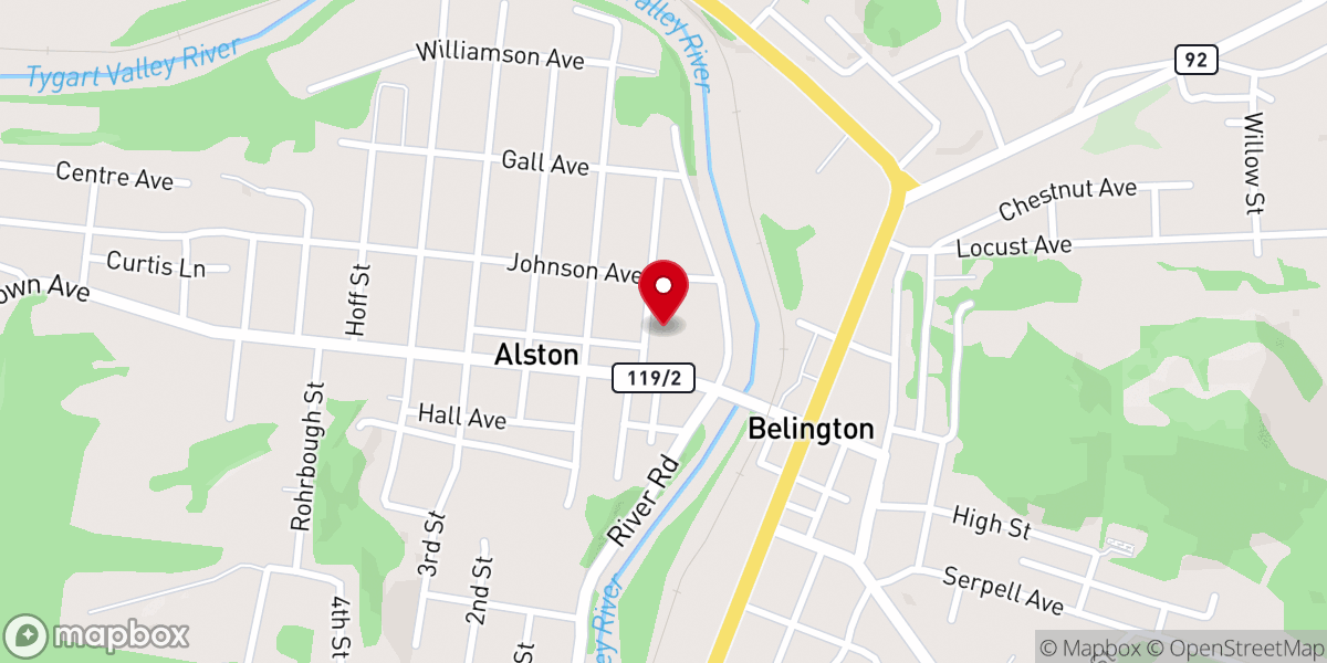Map showing location of Belington Presbyterian Church