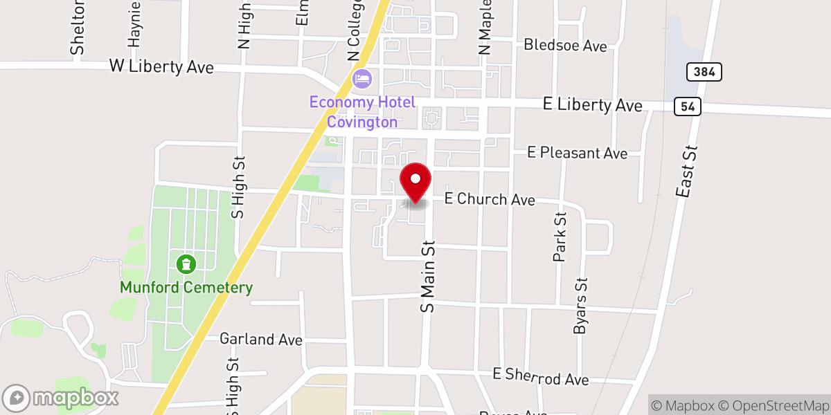 Map showing location of First Presbyterian Church, Covington, TN (Evangelical Presbyterian Church)