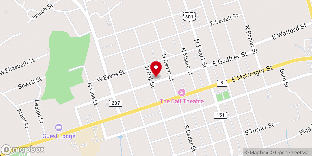 Map showing location of Oak Street Baptist Church