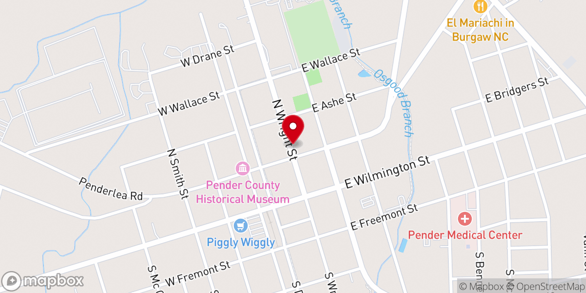 Map showing location of Burgaw Baptist Church