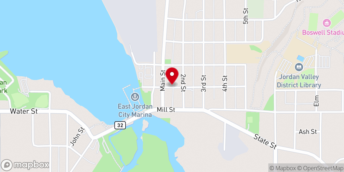 Map showing location of Charming Church in East Jordan ,3 bedrooms ,WiFi, pool-table and gas fireplace.