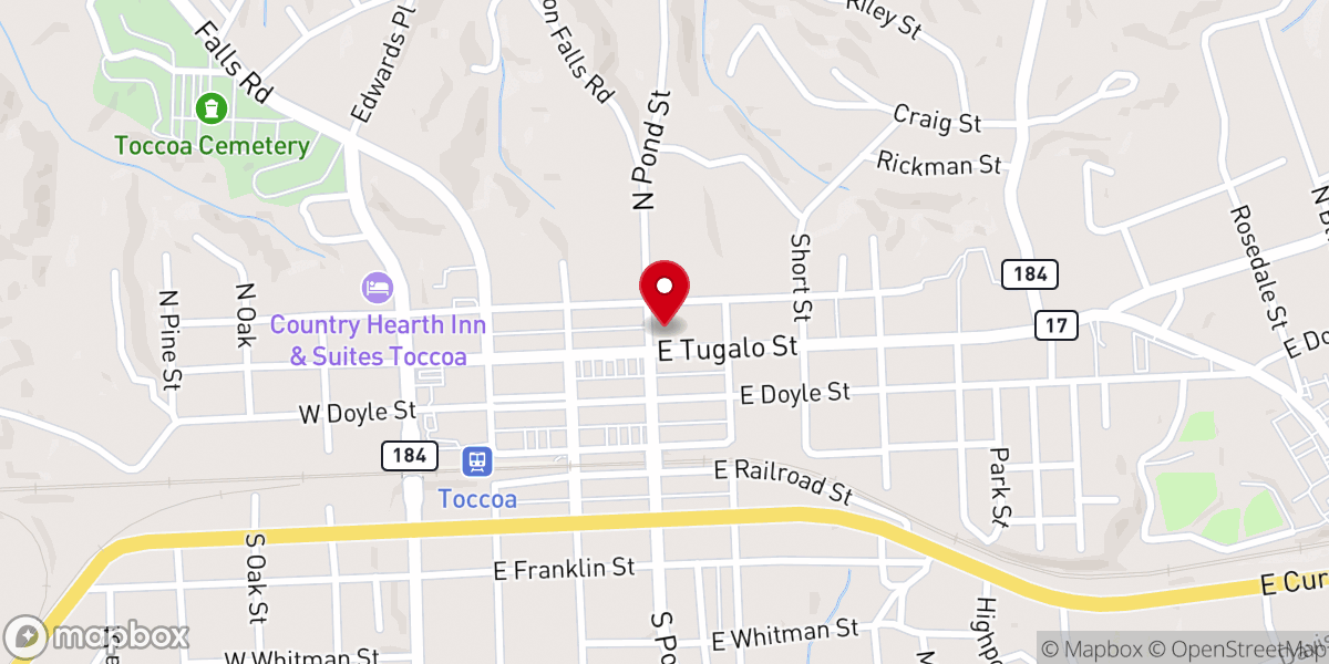 Map showing location of First Presbyterian Church, Toccoa