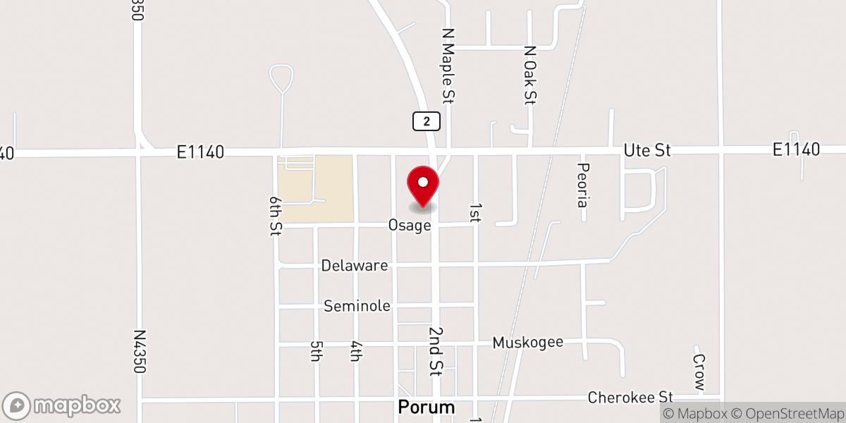 Map showing location of Porum Assembly of God Church