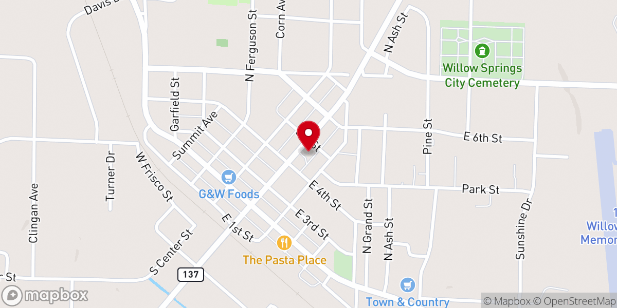 Map showing location of Willow Springs First Baptist Church