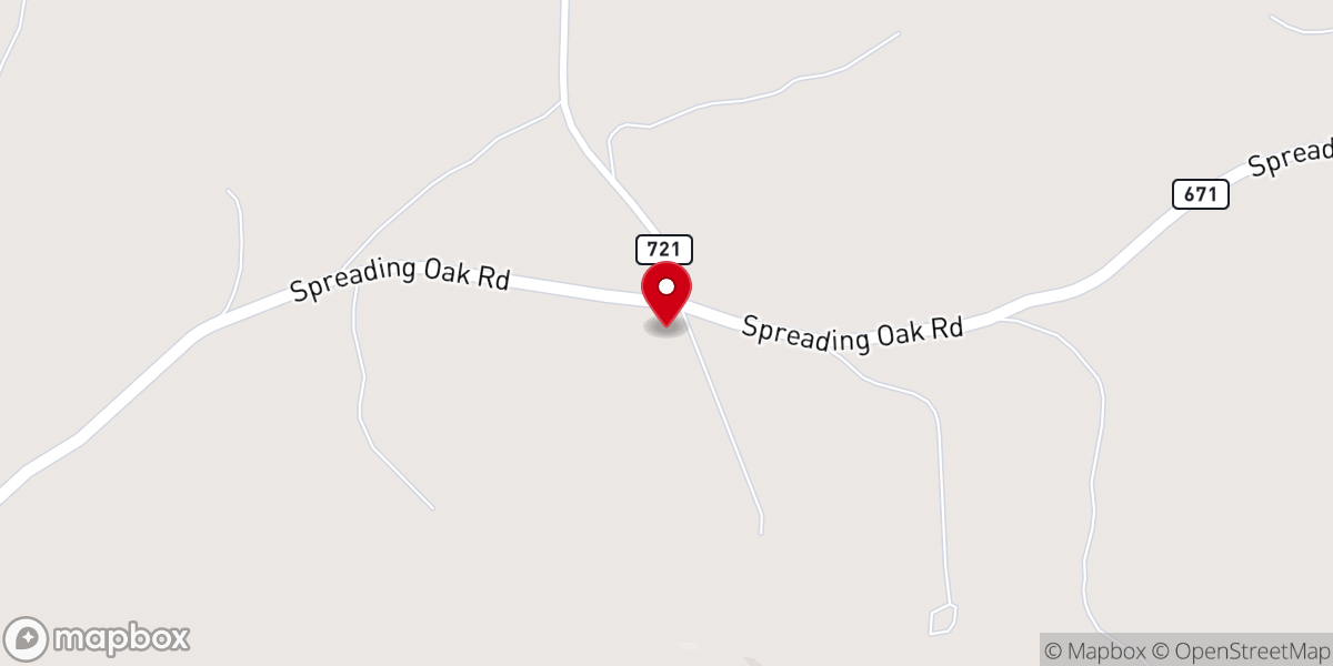 Map showing location of Spreading Oak Baptist Church