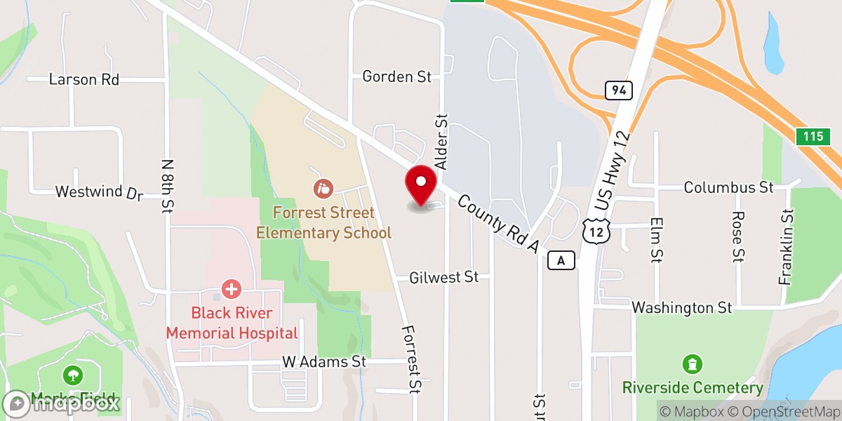 Map showing location of Bridge Church Black River Falls