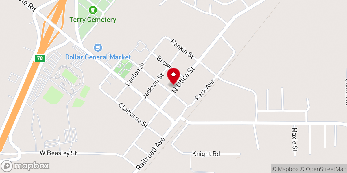 Map showing location of Terry Sanctified Church