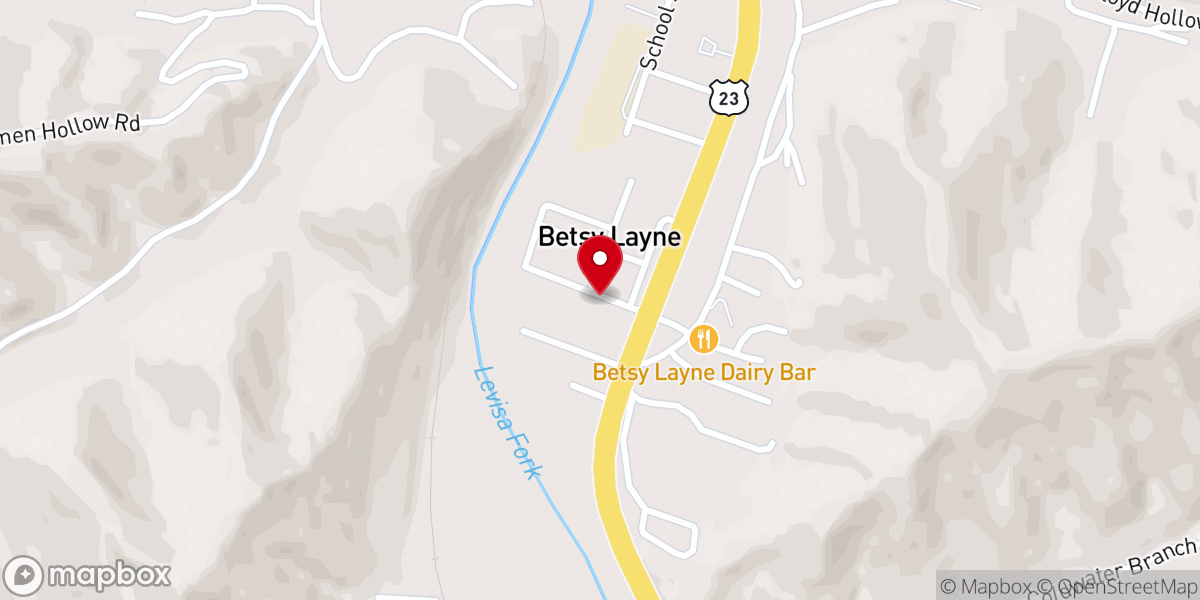 Map showing location of Betsy Layne Freewill Baptist Church