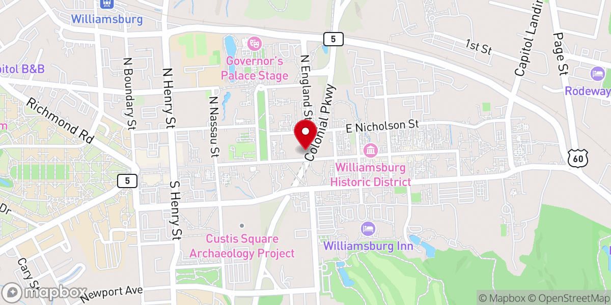 Map showing location of Colonial Williamsburg Courthouse