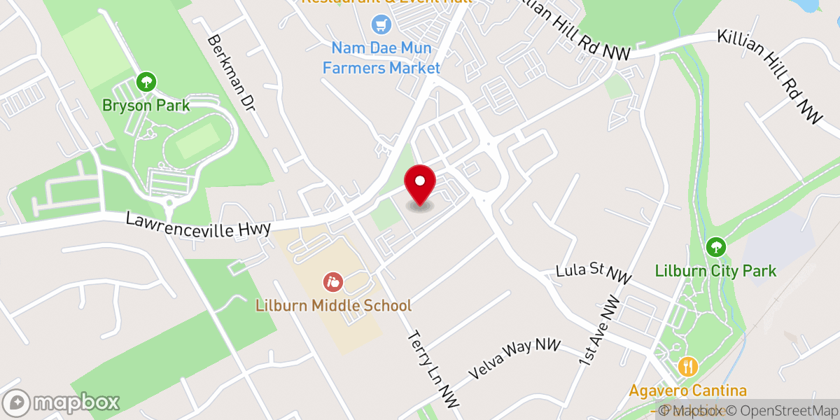 Map showing location of First Baptist Church of Lilburn