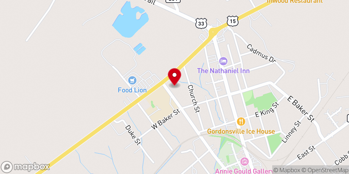Map showing location of Gordonsville Baptist Church