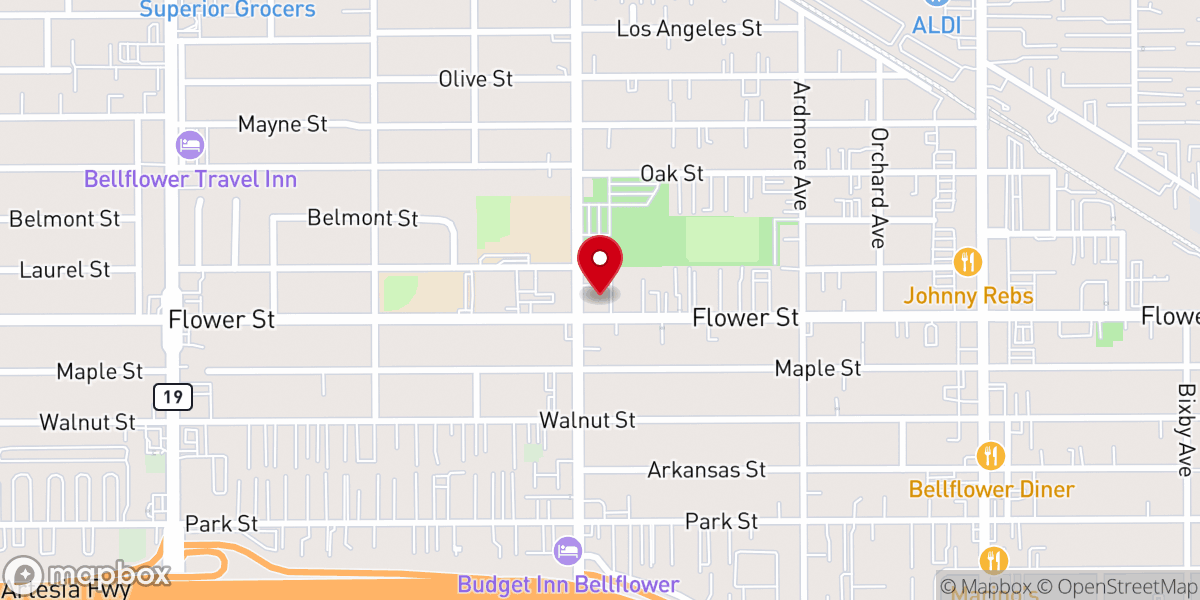 Map showing location of Bellflower Brethren Church