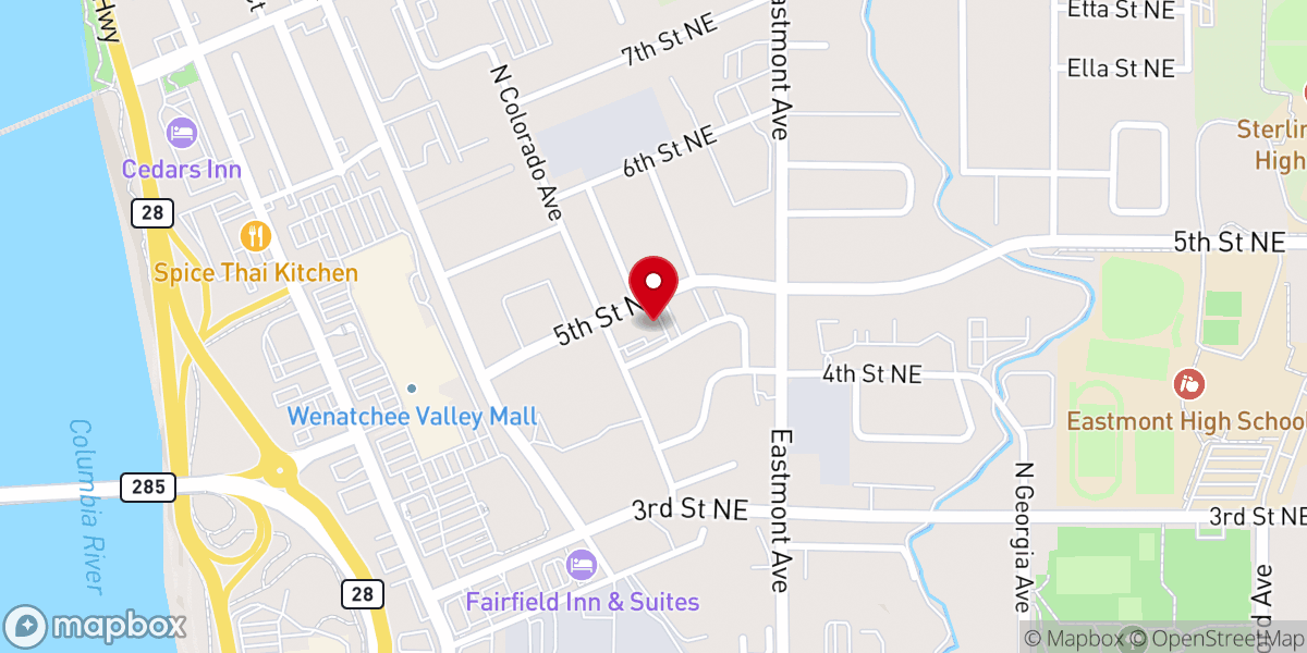Map showing location of New Life Center, East Wenatchee