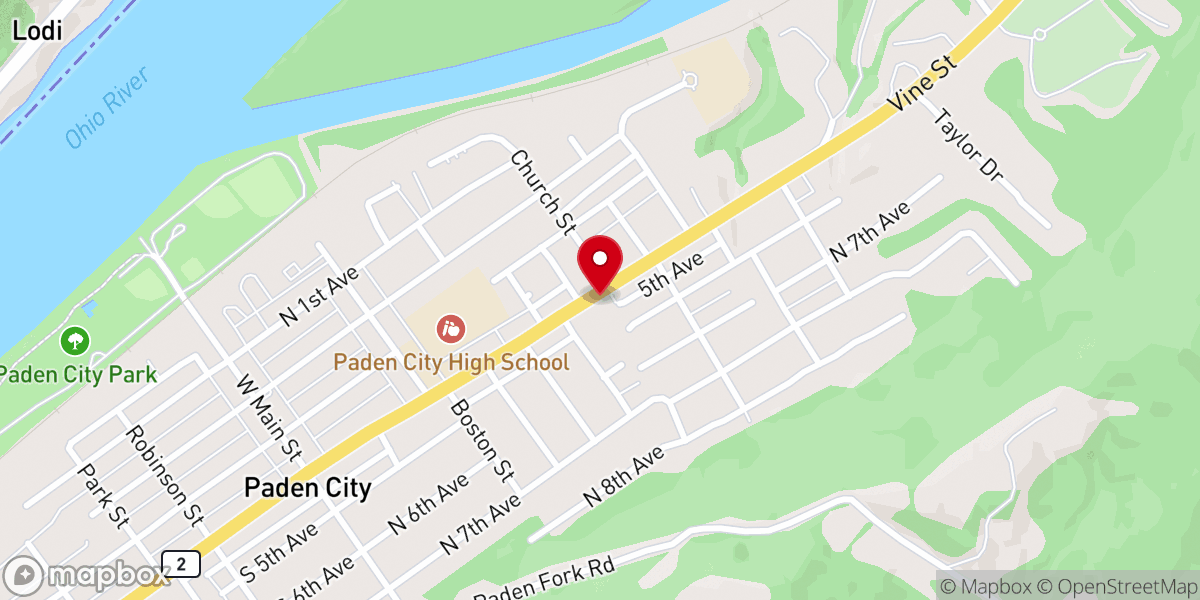 Map showing location of Paden City Wesleyan Church