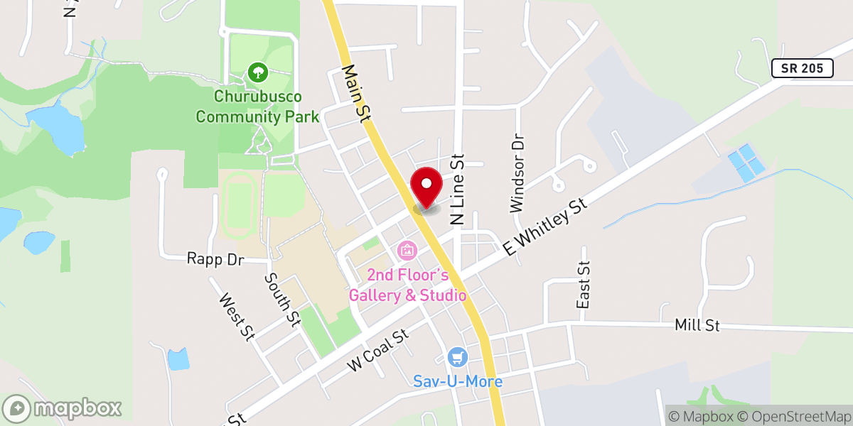 Map showing location of Saint John Bosco Catholic Church, Churubusco