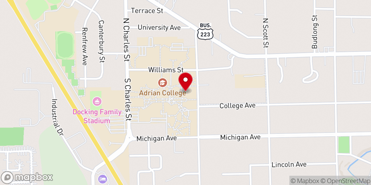 Map showing location of Chapel Hall - Adrian College