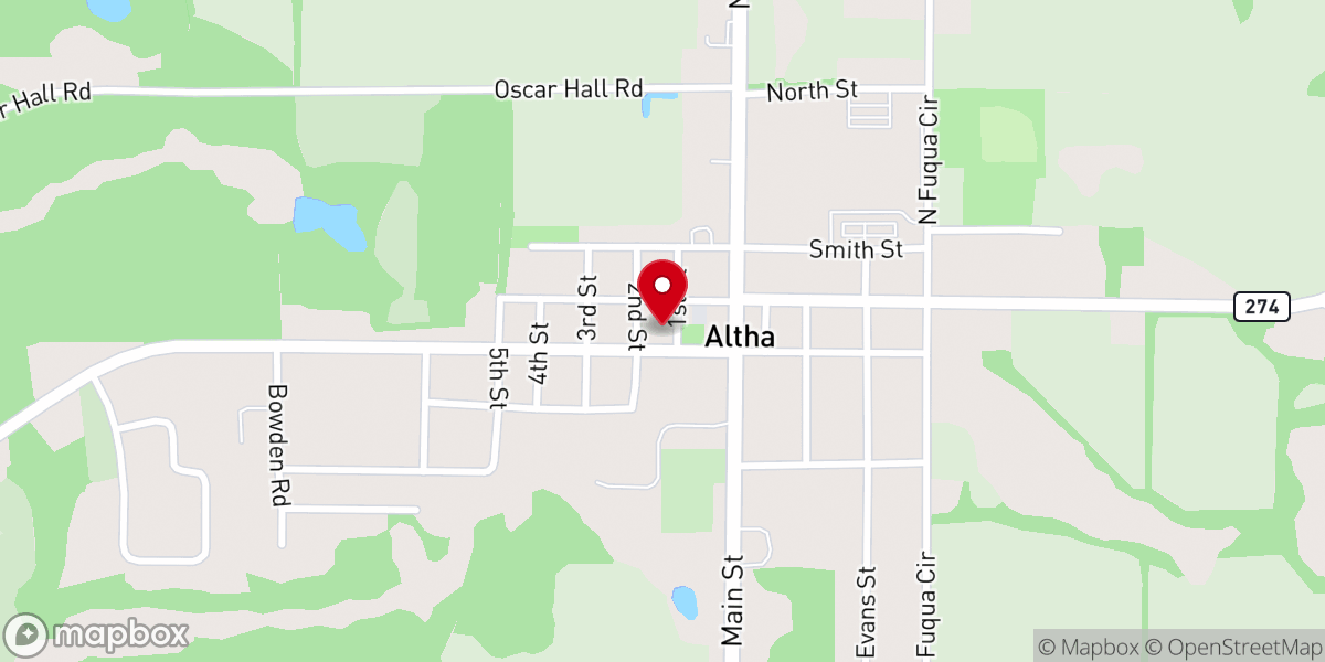 Map showing location of First Baptist Church of Altha
