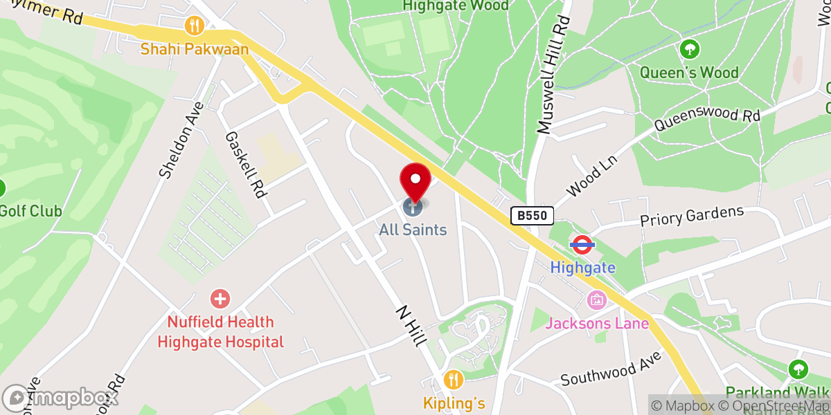 Map showing location of All Saints' Church, Highgate