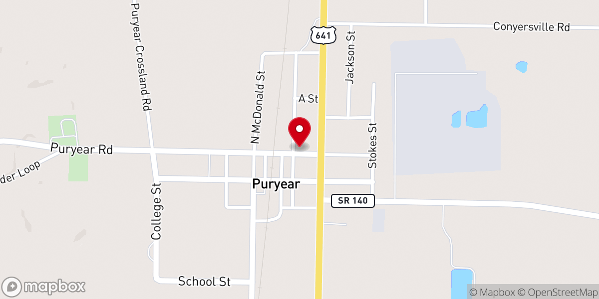 Map showing location of Puryear Church of Christ