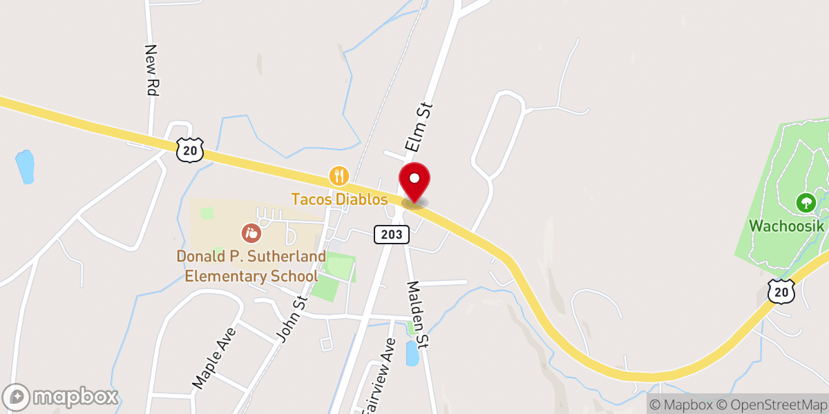 Map showing location of NY-203 South & US-20 West Sign
