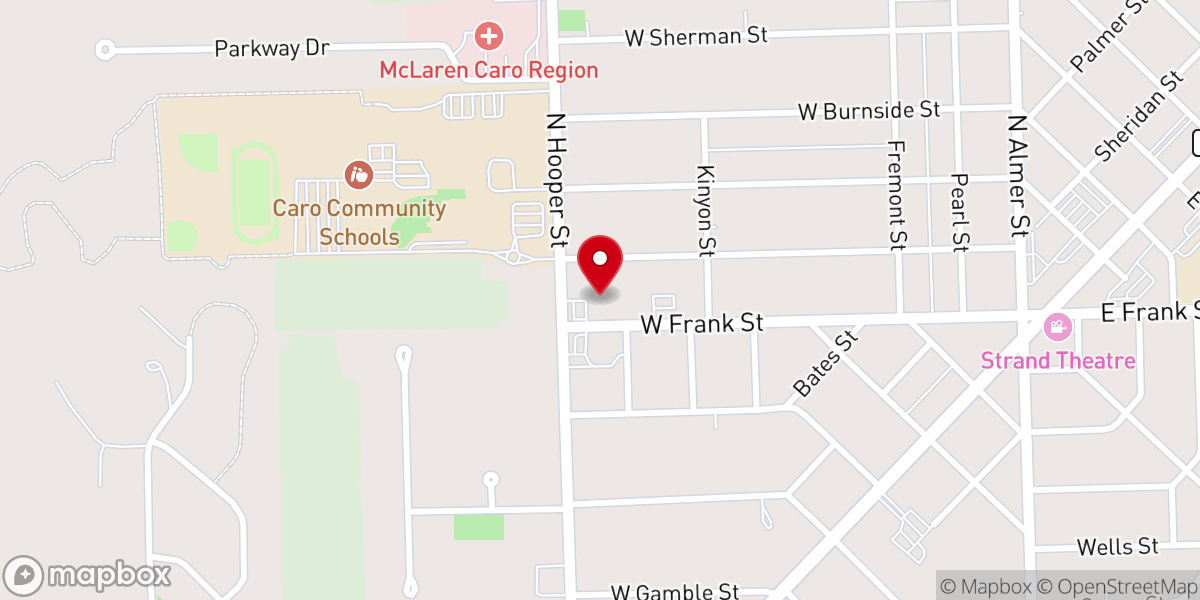 Map showing location of St. Christopher Parish of Caro and Mayville (Sacred Heart Church, Caro, St. Joseph Church, Mayville)
