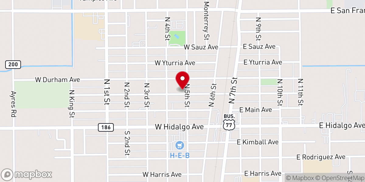 Map showing location of First Baptist Church of Raymondville