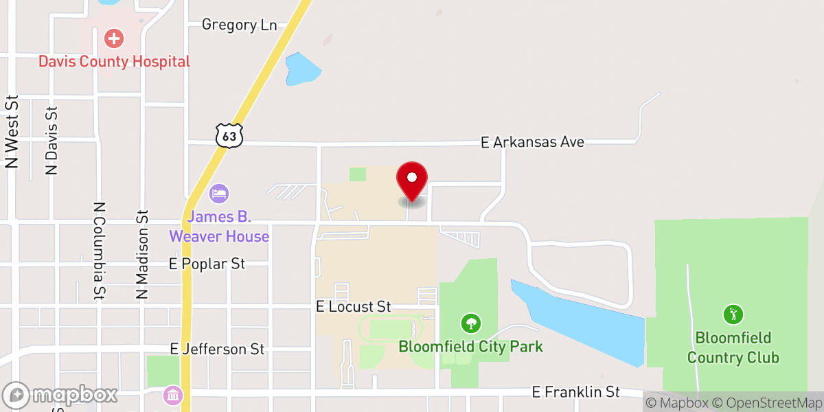 Map showing location of First Baptist Church of Bloomfield, IA