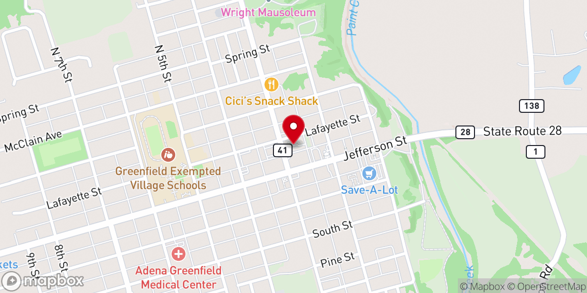 Map showing location of First Baptist Church-Greenfield