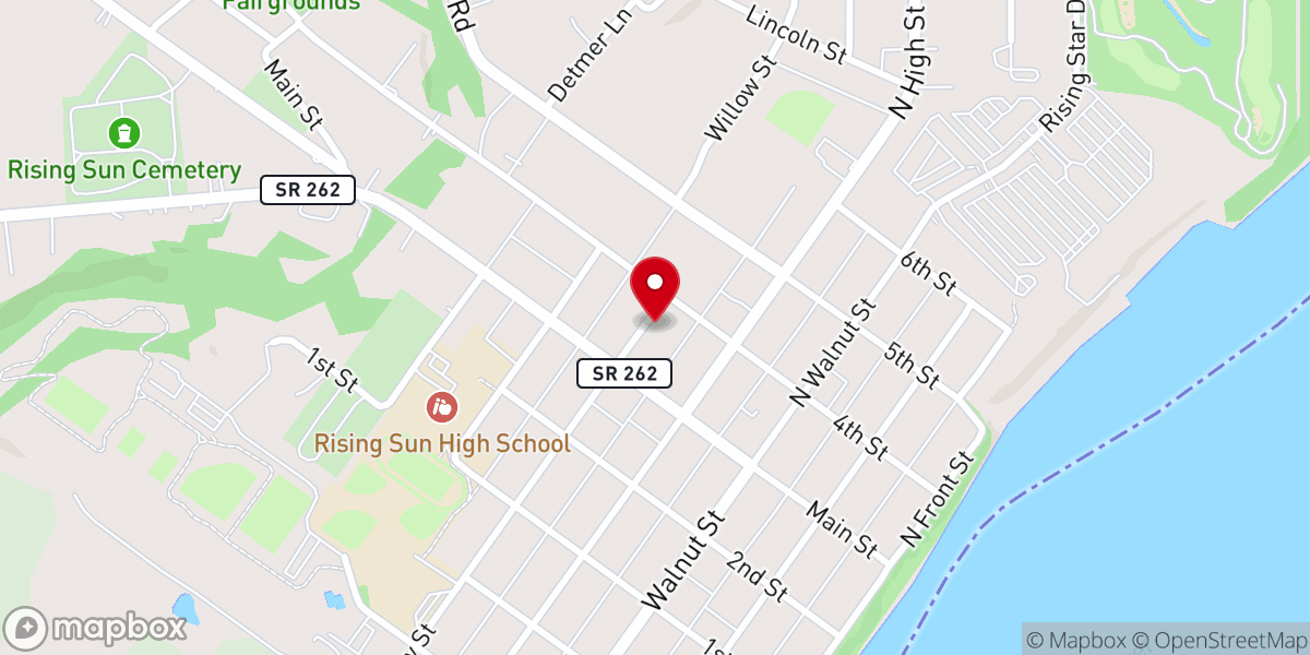 Map showing location of First Baptist Church of Rising Sun