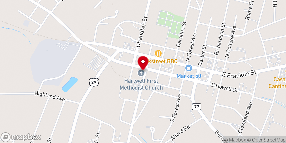 Map showing location of Hartwell First Methodist Church