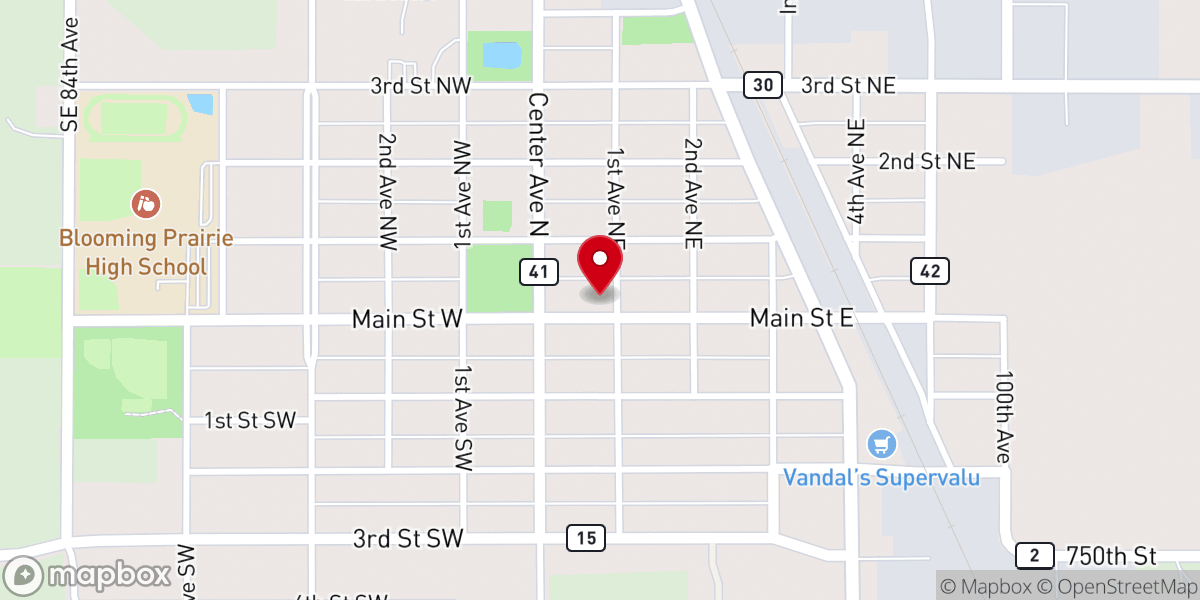 Map showing location of First Baptist Church Blooming Prairie